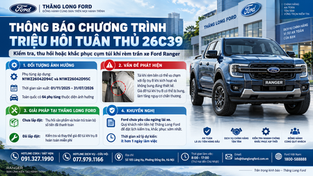Thông báo: Chương trình triệu hồi tuân thủ 26C39 - Thay thế giá đỡ túi khí trụ B trên một số xe Ranger sản xuất năm 2026